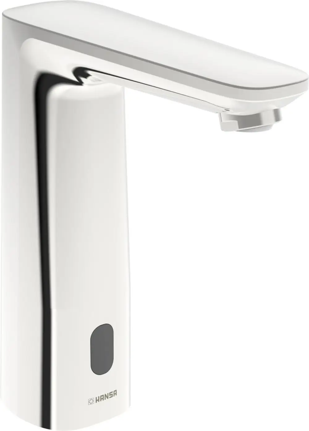 Weißer Waschbecken-Mischer von HANSA mit rechteckiger Form und einem Bedienhebel oben. Der Wasserhahn hat eine glatte, reflektierende Oberfläche und eine elektronische Funktion.